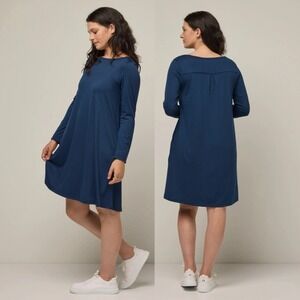 WOOL& Sz XL Blue Merino Wool Long Sleeve Rowena Swing A-Line Dress w/pockets